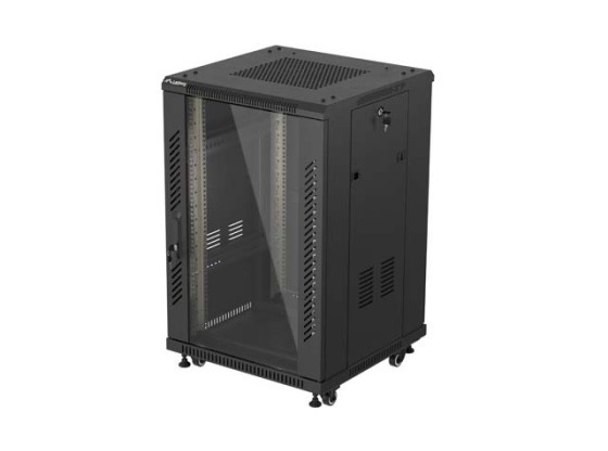 Ντουλάπι ράφι 19" ελεύθερης τοποθέτησης 18U/600X600 (σε πακέτο προς συναρμολόγηση) με γυάλινη πόρτα, μαύρο, LANBERG