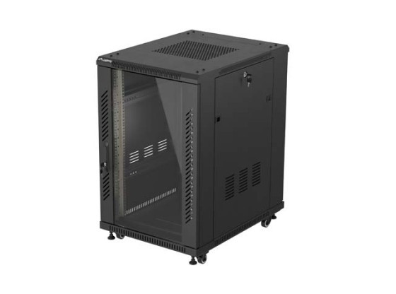 Ντουλάπι ράφι 19" ελεύθερης τοποθέτησης 18U/600X800 (σε πακέτο προς συναρμολόγηση) με γυάλινη πόρτα, μαύρο, LANBERG